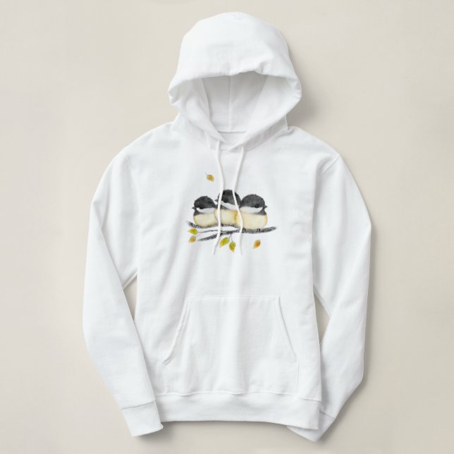 Cute Baby Bird 3 Chickadees on Tree Branch Hoodie (Design Front)