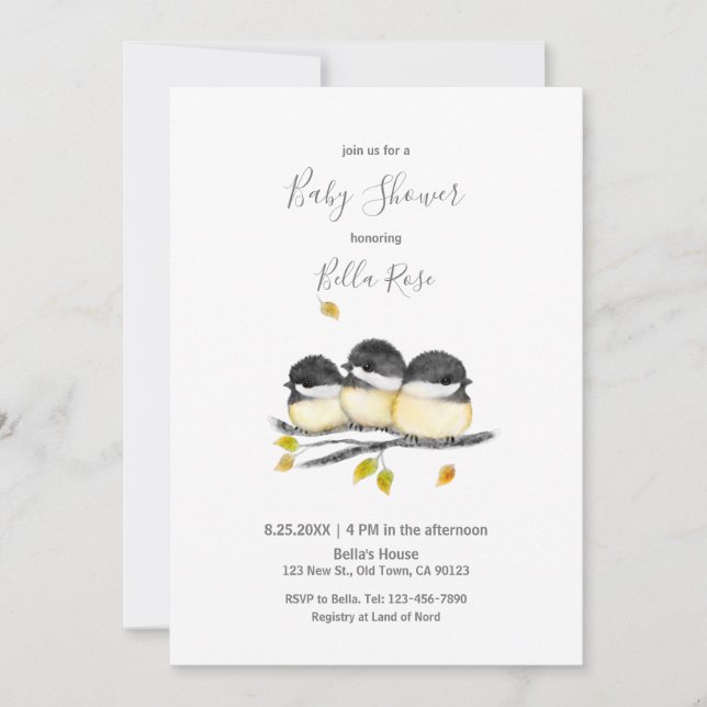 Cute Baby Bird 3 Chickadees on Tree Branch Invitation (Front)