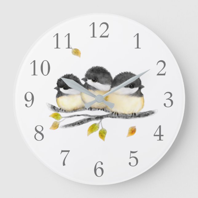 Cute Baby Bird 3 Chickadees on Tree Branch Large Clock (Front)