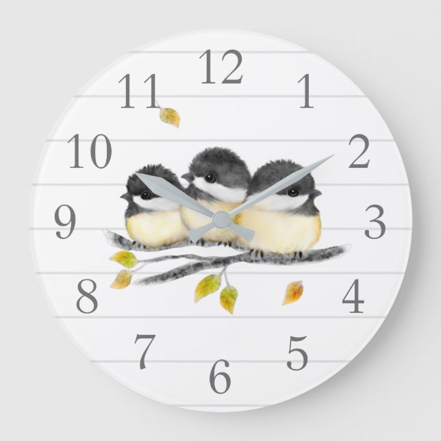 Cute Baby Bird 3 Chickadees on Tree Branch Large Clock (Front)