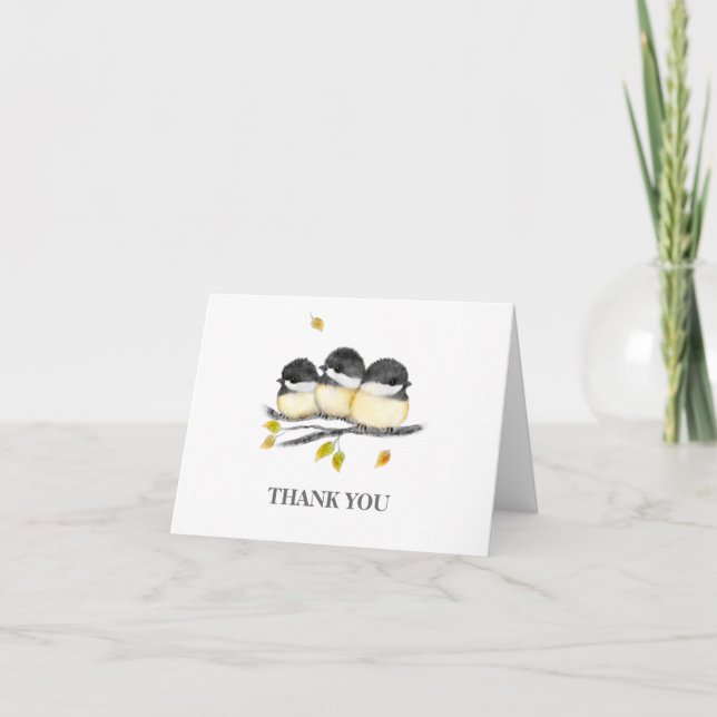 Cute Baby Bird 3 Chickadees on Tree Branch Thank You Card (Front)