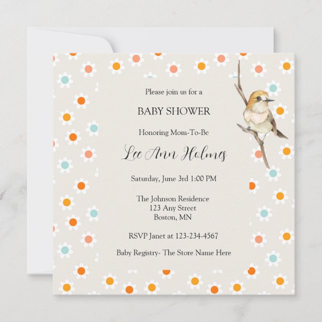 Cute Baby Bird Tiny Flowers Baby Shower Invitation (Front)