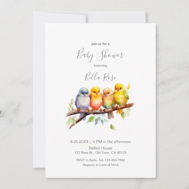 Cute Baby Birds on Tree Branch Baby Shower Invitation (Front)