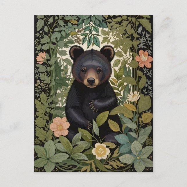 Cute Baby Black Bear Botanical Forest Postcard (Front)
