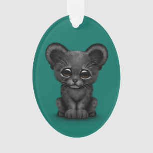Cute Baby Black Panther Cub on Teal Blue Ornament