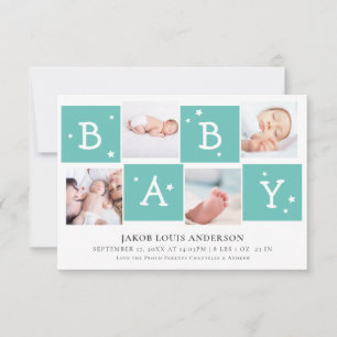 Cute BABY Block Photo Collage Newborn Baby   Teal Announcement