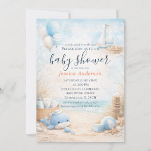 Cute Baby Blue Coastal Nautical Whale Baby Shower Invitation