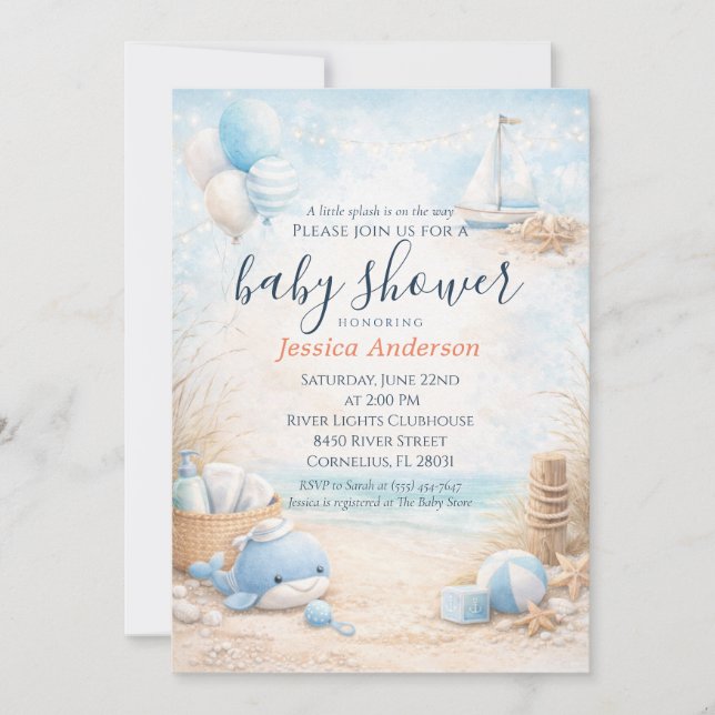 Cute Baby Blue Coastal Nautical Whale Baby Shower Invitation (Front)