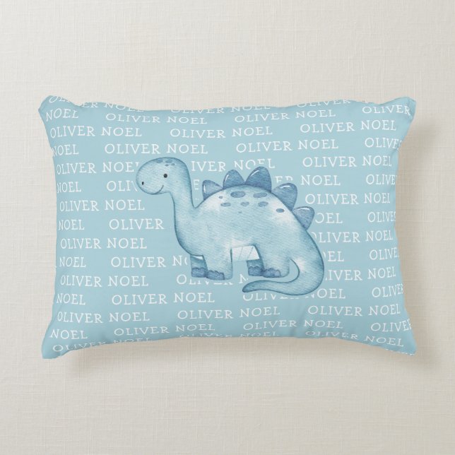 Cute Baby Blue Dinosaur with Name Watercolor Accent Pillow (Front)