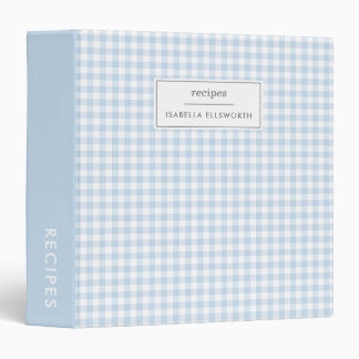 Cute Baby Blue Gingham Plaid Personalized Recipe Binder