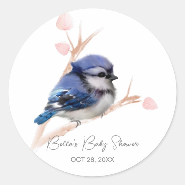 Cute Baby Blue Jay Baby Shower Classic Round Sticker (Front)