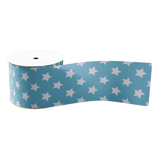 Cute Baby Blue Star Light Grey Repeat Pattern Grosgrain Ribbon (Spool)