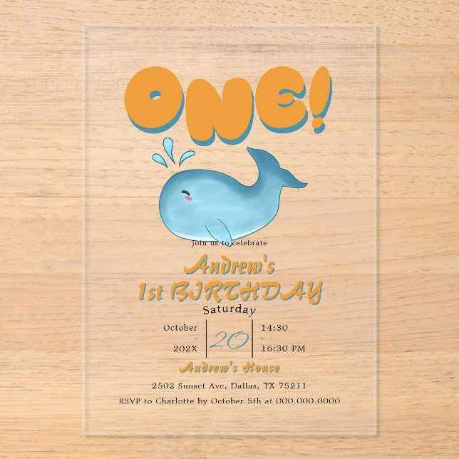 Cute Baby Blue Whale 1st Birthday Acrylic Invitations (Front)