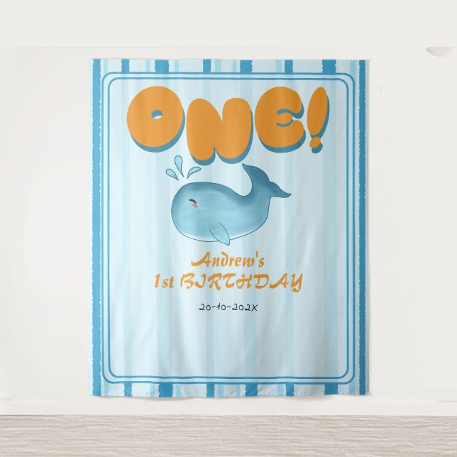 Cute Baby Blue Whale 1st Birthday Backdrop Tapestry (Front)