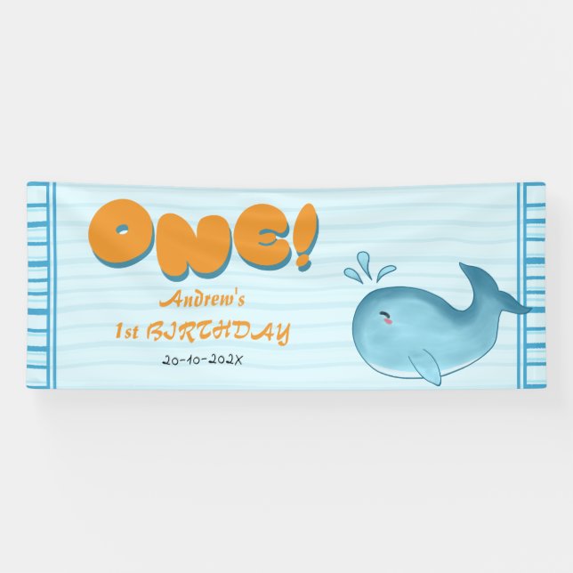 Cute Baby Blue Whale 1st Birthday Banner (Horizontal)