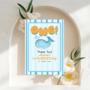 Cute Baby Blue Whale 1st Birthday Stripes Thank You Card
