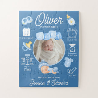 Cute Baby Boy Birth Stats Blue Newborn Modern Jigsaw Puzzle