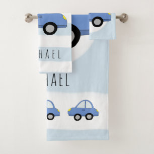 Cute Baby Boy Blue Car Vehicle & Name Bath Towel Set