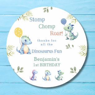Cute Baby Boy Blue Dinosaur 1st Birthday Thank You Classic Round Sticker