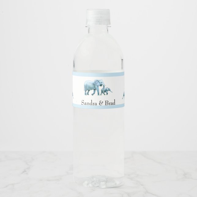 Cute Baby boy blue Elephants Baby Shower Water Bottle Label (Front)