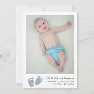 Cute Baby Boy Blue Footprint Newborn Photo Birth Announcement