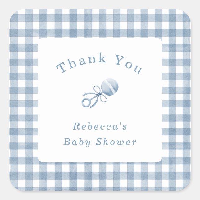 Cute Baby Boy Blue Gingham with Rattle Thank You Square Sticker (Front)