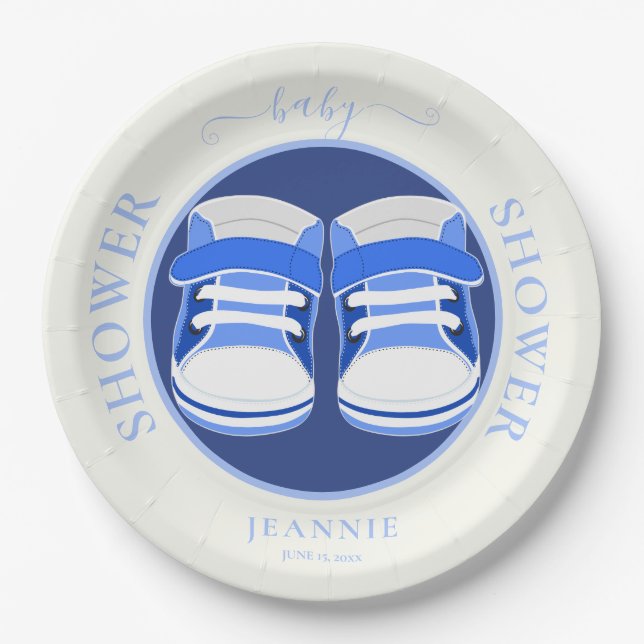 CUTE BABY BOY BOOTIES BABY SHOWER PAPER PLATE (Front)