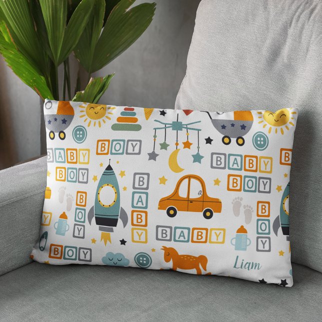 Cute Baby Boy Car and Toy Pattern with Name Accent Pillow (Creator Uploaded)