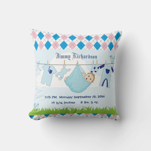 Cute Baby Boy Clothes Line Throw Pillow (Front)