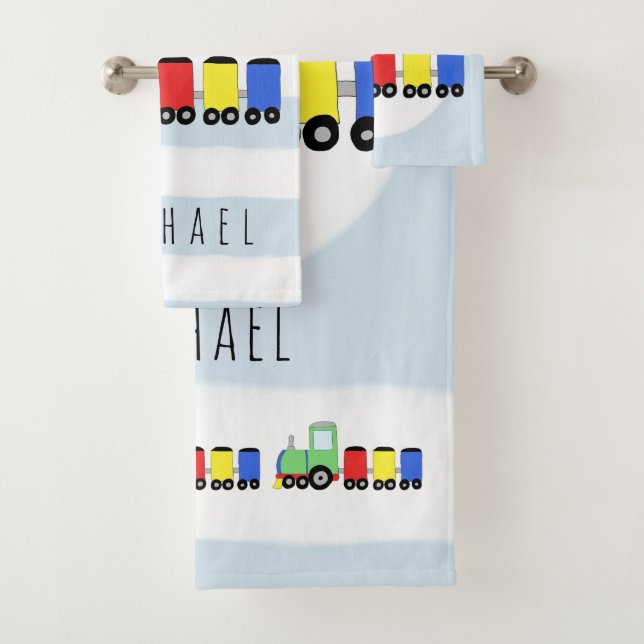 Cute Baby Boy Colourful Locomotive Train & Name Bath Towel Set (Insitu)