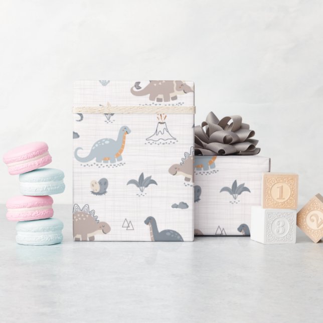 Cute Baby Boy Dinosaur Dino Blue Shower Pattern Wrapping Paper (Baby Shower)