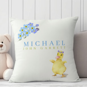 Cute baby boy duck pastel blue floral nursery throw pillow