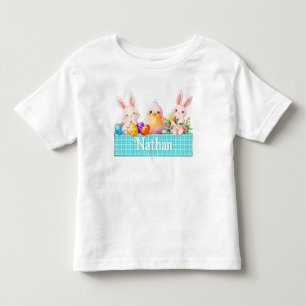 Cute baby boy Easter Bunny Chick blue plaid name Toddler T-shirt