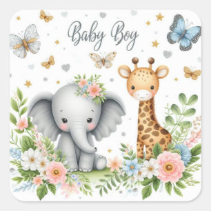 Cute Baby Boy Elephant and Giraffe with Flowers  Square Sticker