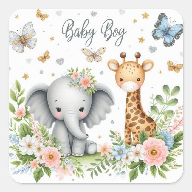 Cute Baby Boy Elephant and Giraffe with Flowers  Square Sticker (Front)
