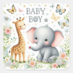 Cute Baby Boy Elephant and Giraffe with Flowers  Square Sticker