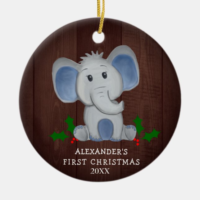 Cute Baby Boy Elephant First Christmas Photo Ceramic Ornament (Front)
