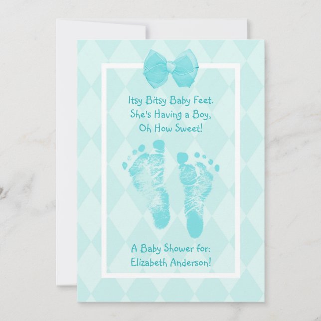 Cute Baby Boy Footprints Baby Shower Blue Ribbon Invitation (Front)