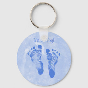 Cute Baby Boy Footprints Birth Announcement Keychain