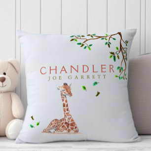 Cute baby boy giraffe pastel green tree nursery throw pillow