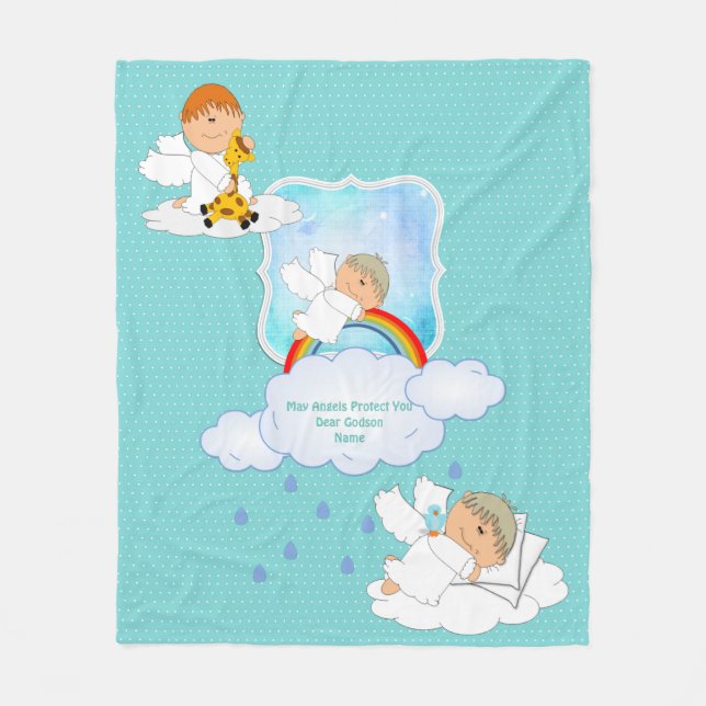 Cute Baby BOY Godson Angels Personalized Fleece Blanket (Front)