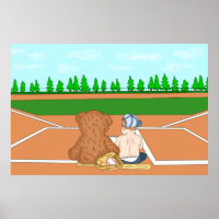 Cute Baby Boy in Baseball Cap next to Teddy Bear
