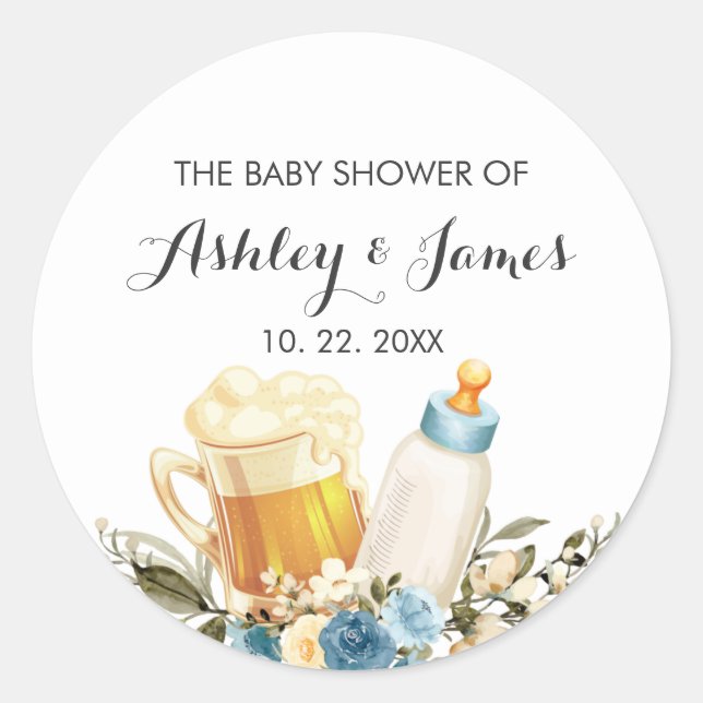 Cute Baby Boy is Brewing Blue Cheers Baby Shower Classic Round Sticker (Front)