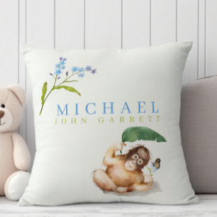Cute baby boy monkey pastel blue floral nursery throw pillow