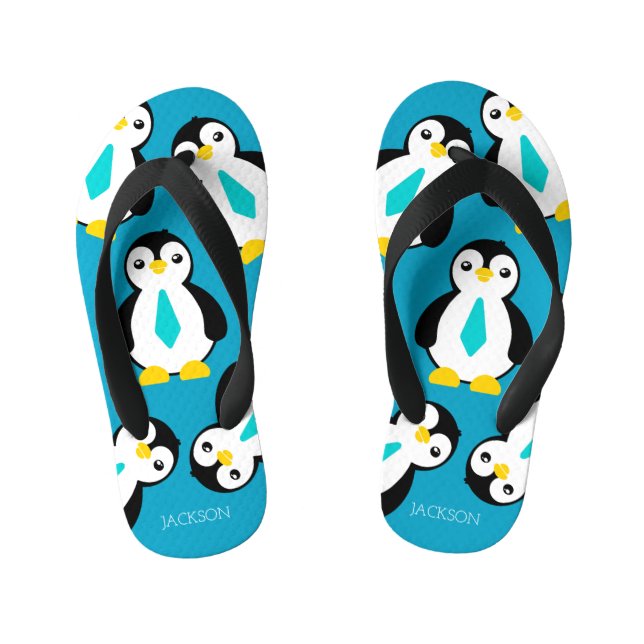Cute Baby Boy Penguins with Blue Neckties Kid's Flip Flops (Footbed)