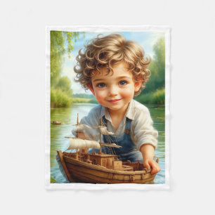 Cute Baby Boy Playing with Wooden Toy Ship Fleece Blanket