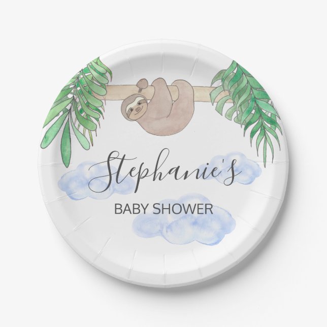 Cute Baby Boy Sloth Baby Shower Paper Plate (Front)