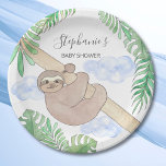 Cute Baby Boy Sloth Baby Shower Paper Plate<br><div class="desc">Cute Baby Boy Sloth Baby Shower Paper Plate. This fun baby shower paper plate features a sweet smiling baby sloth hanging from a branch, with green watercolor jungle leaves and blue clouds. All the text is customizable. There are matching napkins in my store. Because we create our own artwork you...</div>