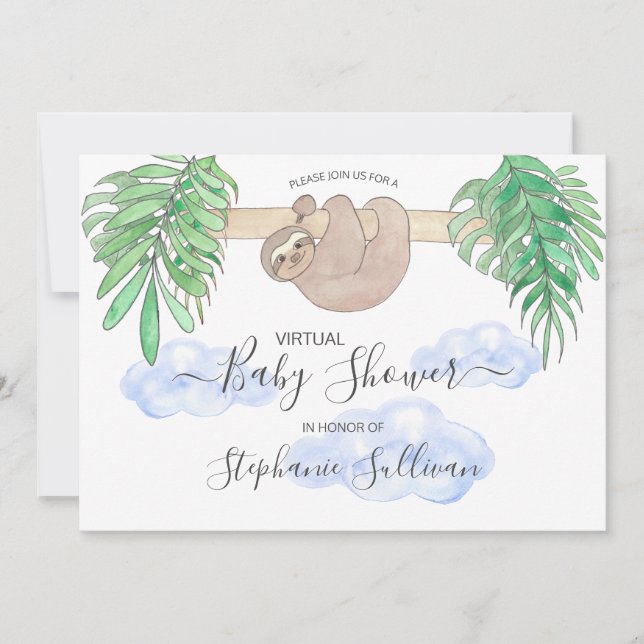 Cute Baby Boy Sloth Virtual Baby Shower Invitation (Front)