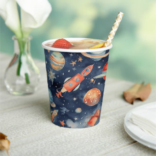 Cute Baby Boy Space Planet Watercolor Blue Orange Paper Cups